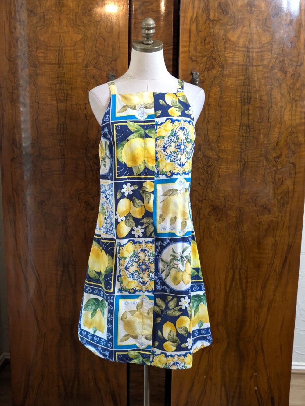 Bellambra Italy Lemon Tile Print Cotton Mini Dress M Sundress Blue Yellow Summer